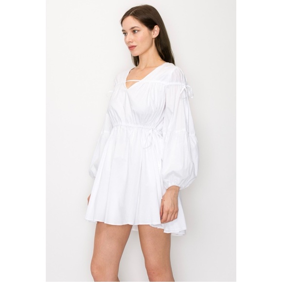 White 100% Cotton Lantern Sleeve Gather Tie Detail Mini Dress - Picture 3 of 5